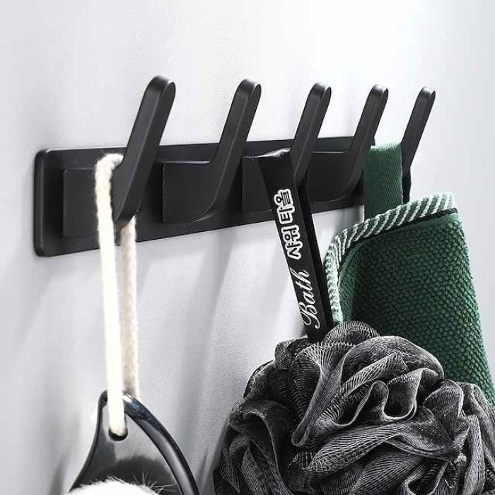 Coat Hooks Rack Wall Mounted, Heavy Duty Stainless Steel Matte Black Coat Hanger for Towel Bag Clothes Hat, 5 Hooks