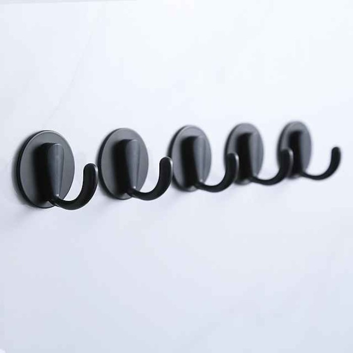 5Pack Wall Hooks, Heavy Duty Hanger Sticky Wall Hooks Waterproof Towel Hook for Tea Cup Robe Coat Kitchen Bathrooms Bedroom Door Office SUS304 Stainless Steel Black