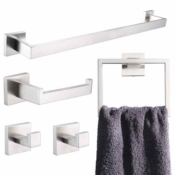 5 Pieces Bathroom Hardware Accessories Set Matte Black Towel Bar Set 2-Hooks Toilet Paper Holder Towel Ring Wall Mounted Stainless Steel 24-Inch Gold Brushed Chrome