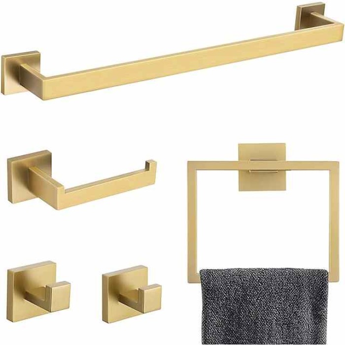 5 Pieces Bathroom Hardware Accessories Set Matte Black Towel Bar Set 2-Hooks Toilet Paper Holder Towel Ring Wall Mounted Stainless Steel 24-Inch Gold Brushed Chrome