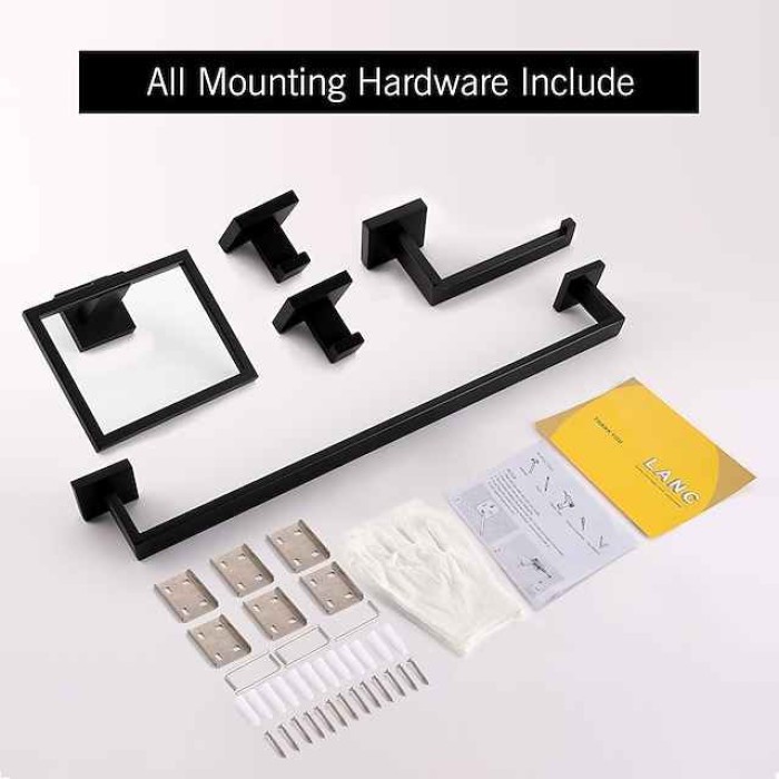 5 Pieces Bathroom Hardware Accessories Set Matte Black Towel Bar Set 2-Hooks Toilet Paper Holder Towel Ring Wall Mounted Stainless Steel 24-Inch Gold Brushed Chrome