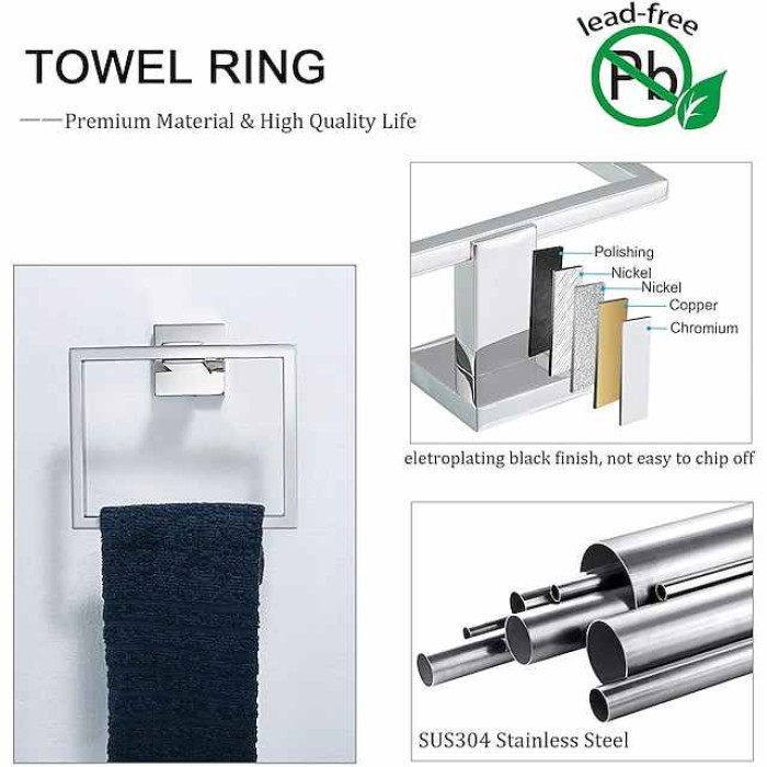 5 Pieces Bathroom Hardware Accessories Set Matte Black Towel Bar Set 2-Hooks Toilet Paper Holder Towel Ring Wall Mounted Stainless Steel 24-Inch Gold Brushed Chrome