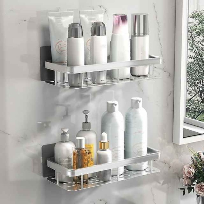 Bathroom Storage Rack Bathroom Storage Rack Upper Storage Cabinet Towel Hanging Below No Need to Drill Holes to Save Space Wall Mounted Design (Silver)