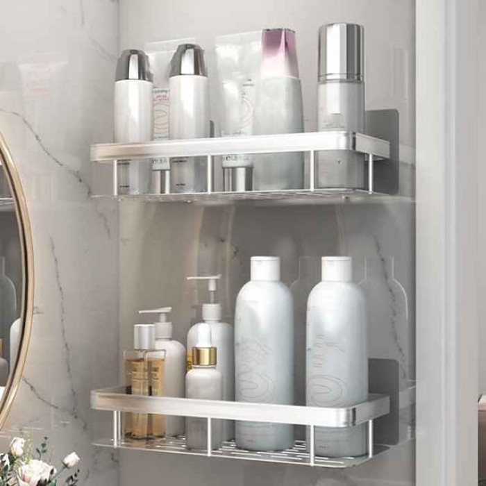 Bathroom Storage Rack Bathroom Storage Rack Upper Storage Cabinet Towel Hanging Below No Need to Drill Holes to Save Space Wall Mounted Design (Silver)