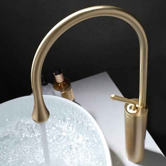 Bathroom Sink Mixer Faucet Brushed Gold Tall Deck Mounted, High Arc Vessel Tap Single Handle One Hole Standard Spout Wahsroom Basin Taps with Cold and Hot Water Hose