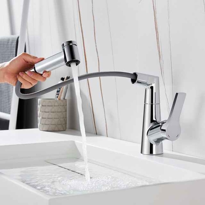 Bathroom Sink Faucet with Pull Out Spray,Brass Liftable 3-modes Electroplated / Painted Finishes Centerset Single Handle One Hole Lavatory Rotating Spout for Cold and Hot Water Bath Taps