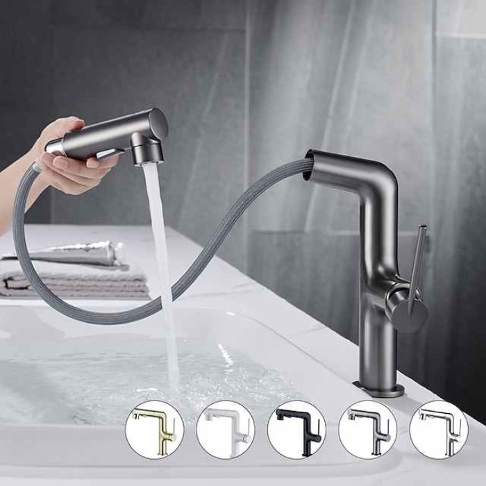 Bathroom Sink Faucet with Pull Out Spray,Brass 3-modes Electroplated / Painted Finishes Centerset Single Handle One Hole Lavatory Rotating Spout for Cold and Hot Water Bath Taps