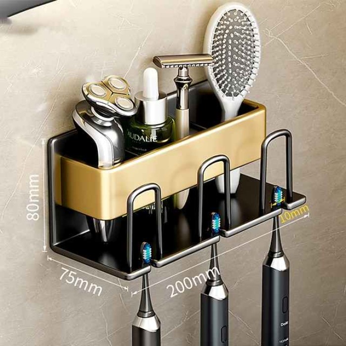 Toothbrush Holder Wall Mounted,Space Aluminium Black&Golden Toothbrush Rack Set for Bathroom Storage