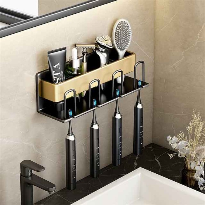 Toothbrush Holder Wall Mounted,Space Aluminium Black&Golden Toothbrush Rack Set for Bathroom Storage