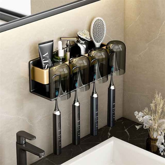 Toothbrush Holder Wall Mounted,Space Aluminium Black&Golden Toothbrush Rack Set for Bathroom Storage