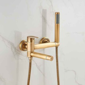 Vintage Bathtub Faucet Dual Spout Wall Mounted Golden, Bath Tub Filler Mixer Brass Tap with Heldhand Showerhand, Ceramic Valve Single Handle Control