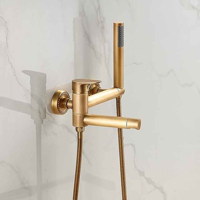 Vintage Bathtub Faucet Dual Spout Wall Mounted Golden, Bath Tub Filler Mixer Brass Tap with Heldhand Showerhand, Ceramic Valve Single Handle Control