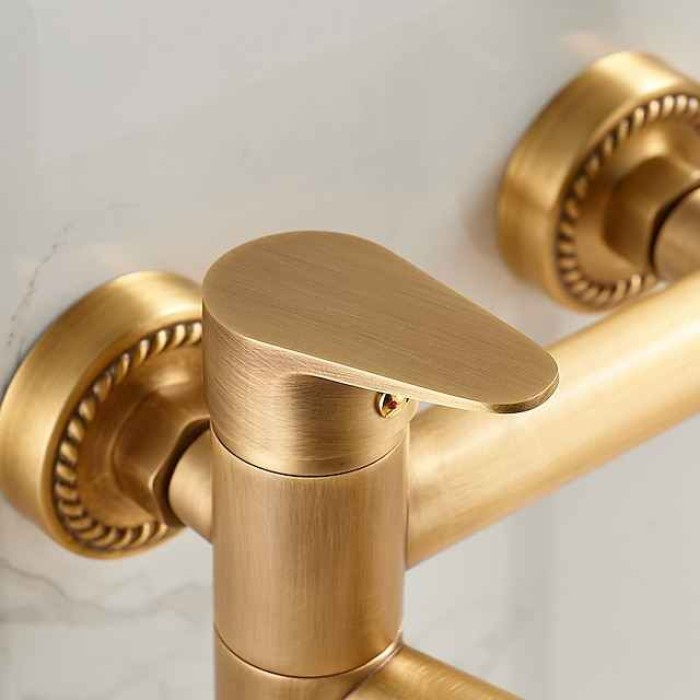 Vintage Bathtub Faucet Dual Spout Wall Mounted Golden, Bath Tub Filler Mixer Brass Tap with Heldhand Showerhand, Ceramic Valve Single Handle Control