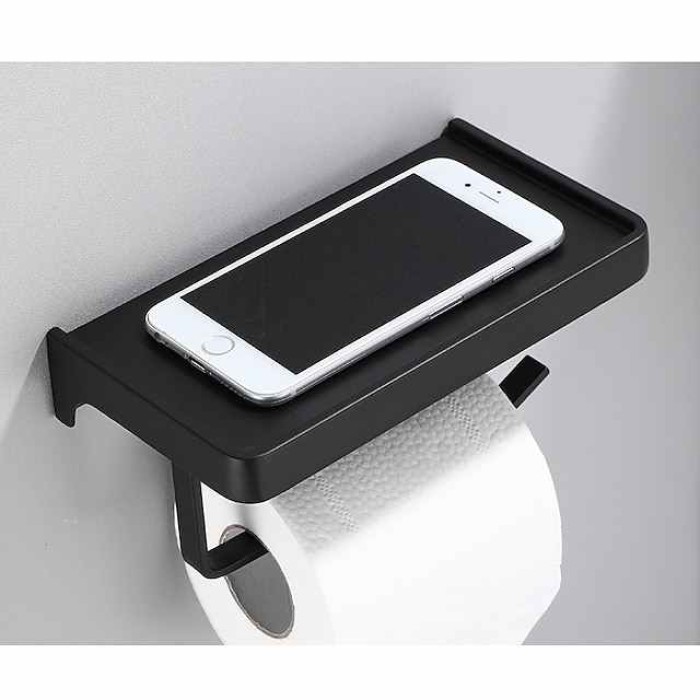 Bathroom Toilet Paper Holder Black Silver Gold Tissue Phone Rack Wall Mounted Space Aluminum WC Shower Paper Holder with Shelf