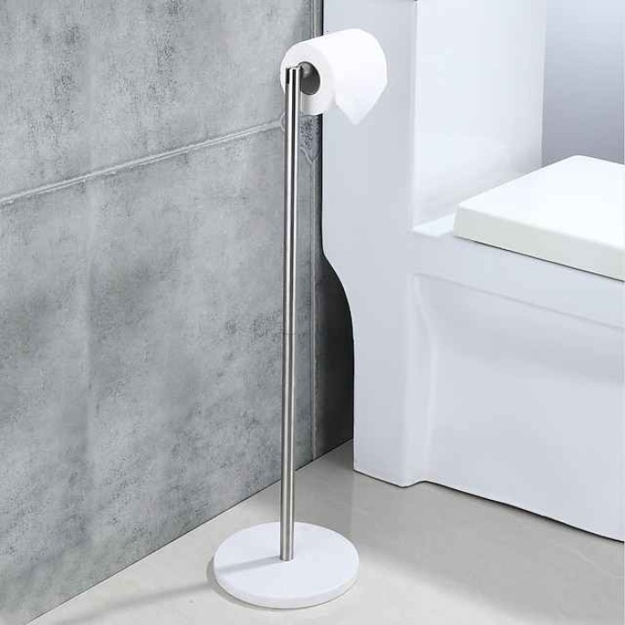 Free Standing Toilet Paper Holder Stand with Marble Base,304 Stainless Steel Rustproof Tissue Roll Holder Floor Stand Storage for Bathroom (Chrome)