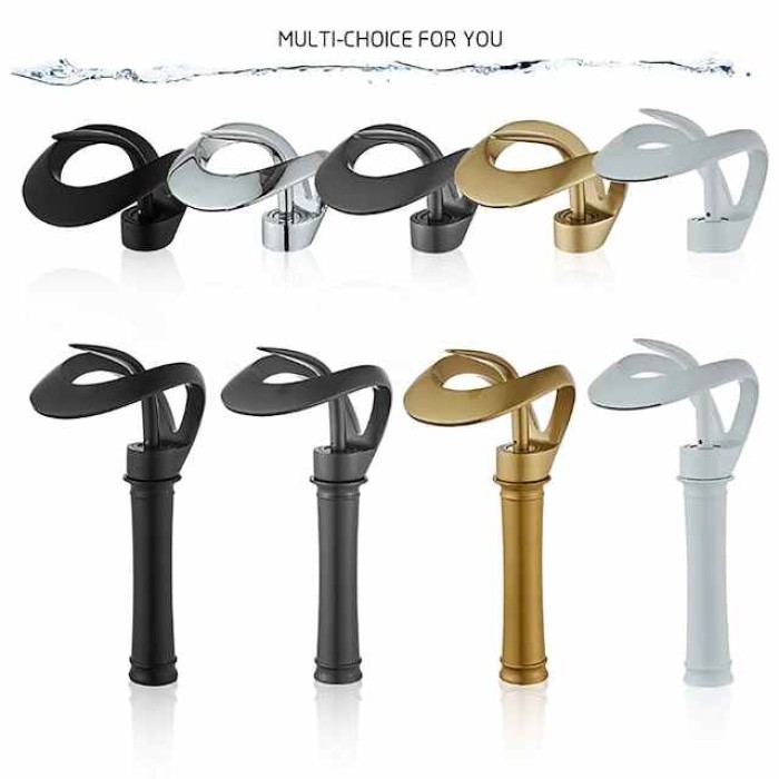 Bathroom Sink Faucet Waterfall Spout, Brass Mixer Basin Taps, Single Handle One Hole Bath Taps Painted Finishes Tall Body Modern Style