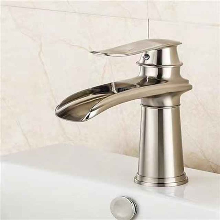 Bathroom Sink Faucet,Brass Waterfall Single Handle Two Holes Bath Taps(Tall or Short Body)