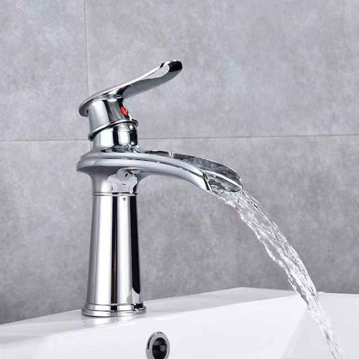 Bathroom Sink Faucet,Brass Waterfall Single Handle Two Holes Bath Taps(Tall or Short Body)