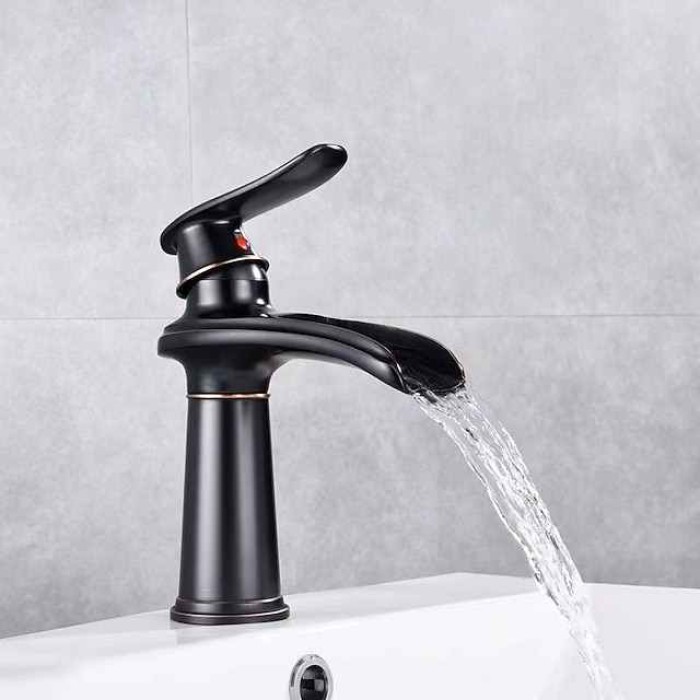 Bathroom Sink Faucet,Brass Waterfall Single Handle Two Holes Bath Taps(Tall or Short Body)