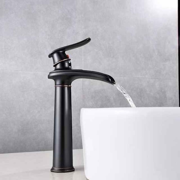 Bathroom Sink Faucet,Brass Waterfall Single Handle Two Holes Bath Taps(Tall or Short Body)