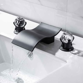 Bathroom Sink Faucet with Two Crystal Knob Handles Waterfall Matte Black/Chrome Deck Mounted Widespread 3 Holes Bathroom Faucets for Bathtub or Sink