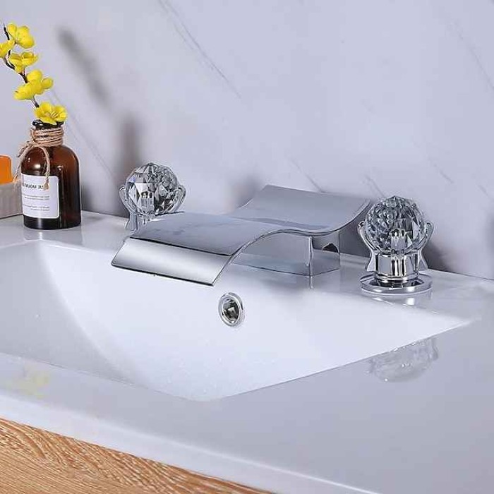 Bathroom Sink Faucet with Two Crystal Knob Handles Waterfall Matte Black/Chrome Deck Mounted Widespread 3 Holes Bathroom Faucets for Bathtub or Sink