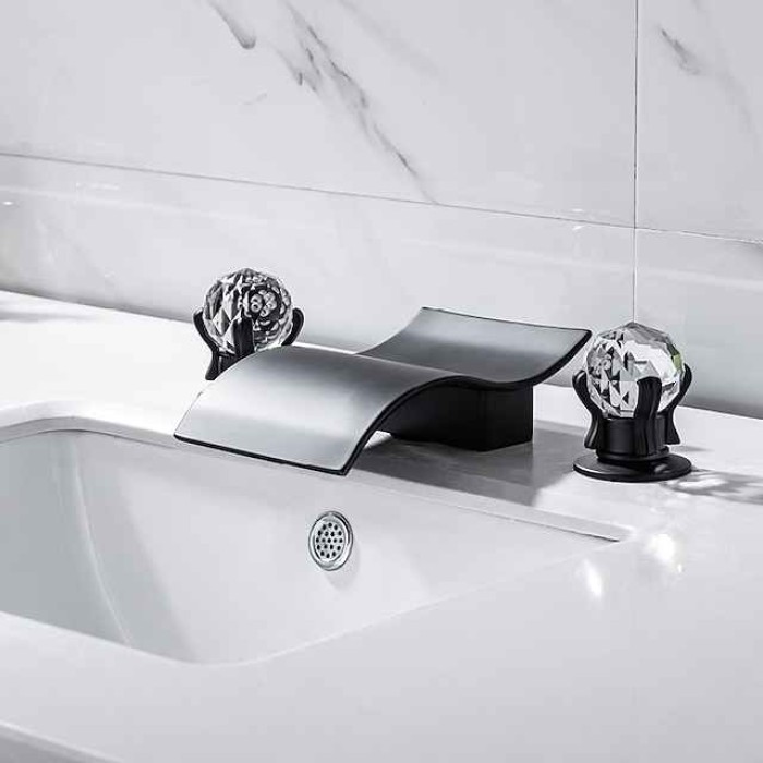 Bathroom Sink Faucet with Two Crystal Knob Handles Waterfall Matte Black/Chrome Deck Mounted Widespread 3 Holes Bathroom Faucets for Bathtub or Sink