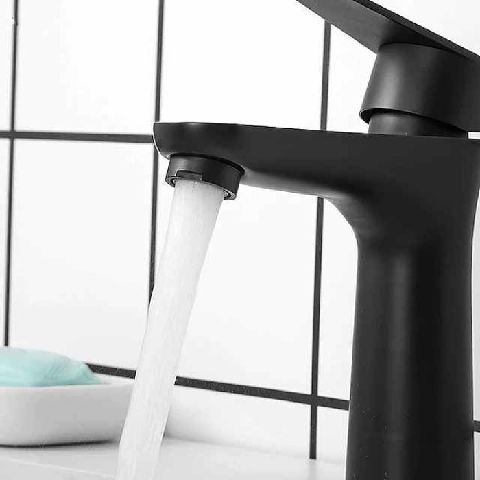 Bathroom Sink Faucet,Stainless Steel Matte Black/Brushed Single Handle One Hole Bath Taps with Hot and Cold Switch