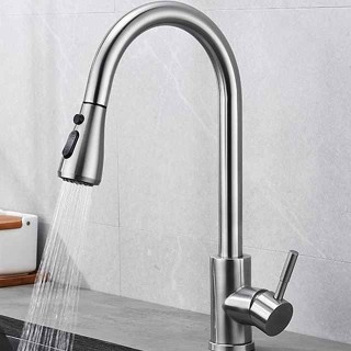 Kitchen Sink Mixer Faucet with Pull Out Spray, 360 Rotating Single Handle Pull Down Tap Brushed 304 Stainless Steel Deck Mounted Kitchen Vessel Taps