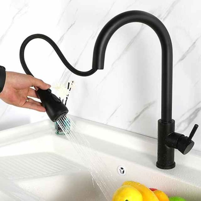 Kitchen Sink Mixer Faucet with Pull Out Spray, 360 Rotating Single Handle Pull Down Tap Brushed 304 Stainless Steel Deck Mounted Kitchen Vessel Taps