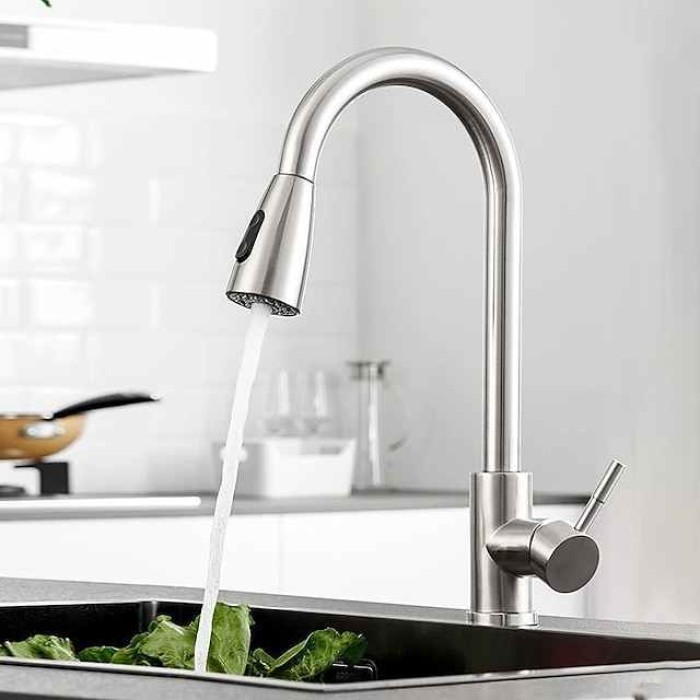 Kitchen Faucet with Pull-out Spray,Single Handle One Hole Stainless Steel Pull-out / Pull-down / Standard Spout / Tall / High Arc Centerset Minimalist / Modern Contemporary Kitchen Taps