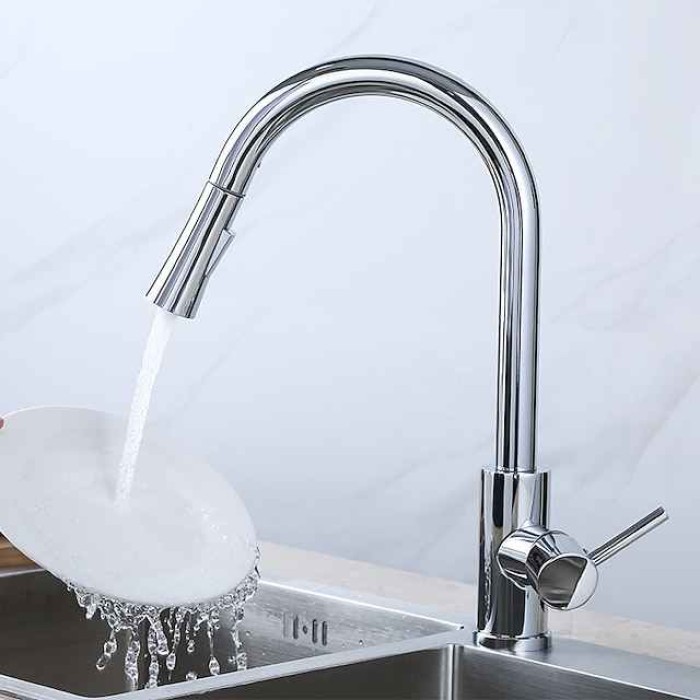 Kitchen Sink Mixer Faucet with Pull-out Spray Stainless Steel, 360 Rotating Single Handle Pull Down Kitchen Vessel Taps Deck Mounted