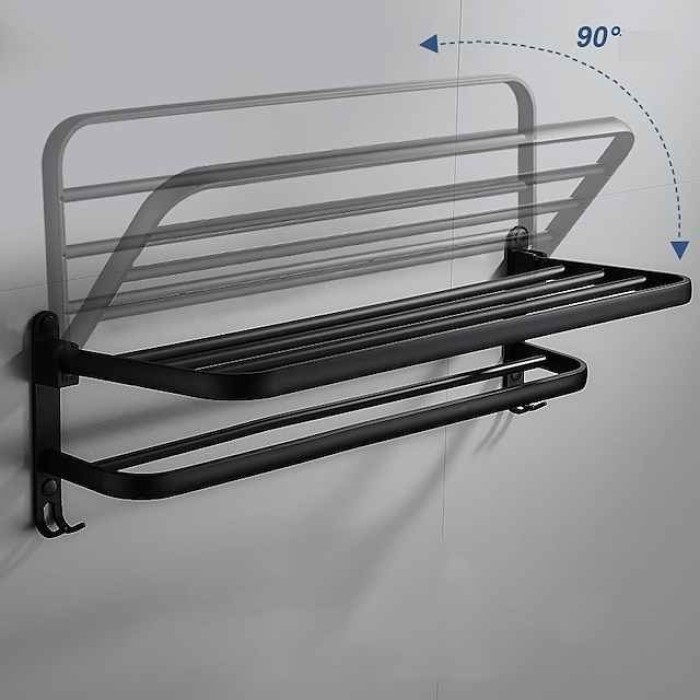 Towel Rack for Bathroom,Matte Black Aluminum  Bathroom Shelf Self-adhesive Foldable Towel Bar with Hook Bathroom Hardware