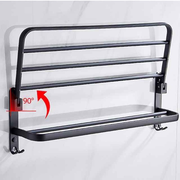 Towel Rack for Bathroom,Matte Black Aluminum  Bathroom Shelf Self-adhesive Foldable Towel Bar with Hook Bathroom Hardware