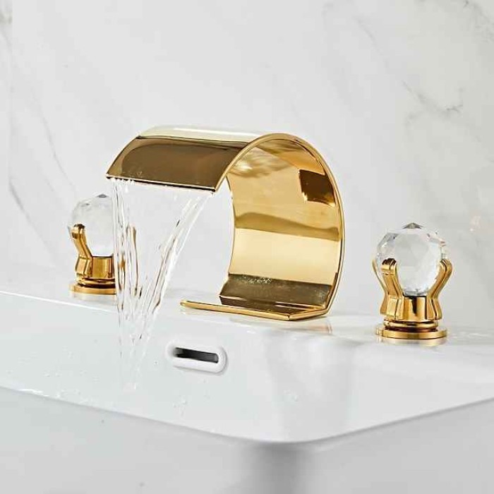 Bathroom Faucet 3 Hole Dual Crystal Knobs Widespread 3 Holes Vanity Basin Mixer Tap Bathtub Filler Faucet Waterfall Faucet for Bathroom(Golden/Black/Chrome)