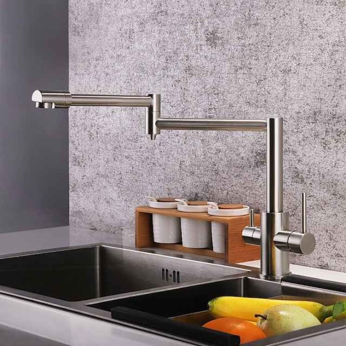 Kitchen Faucet,Foldable Single Handle One Hole Electroplated Pot Filler Centerset Modern Contemporary Kitchen Taps(Black/Brush Nickel)