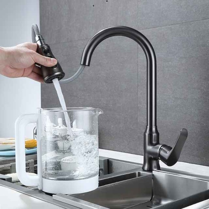 Kitchen Faucet with Pull-out Spray,Single Handle One Hole Brass High Arc 3-Modes Minimalist Style Kitchen Taps(Gun Grey/Black/Chrome)