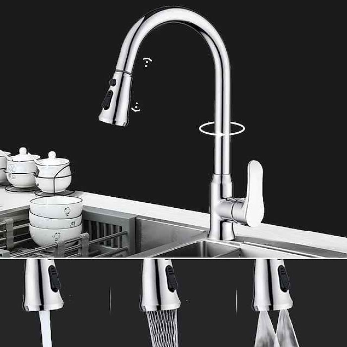 Kitchen Faucet with Pull-out Spray,Single Handle One Hole Brass High Arc 3-Modes Minimalist Style Kitchen Taps(Gun Grey/Black/Chrome)