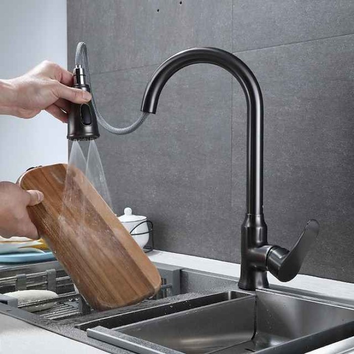 Kitchen Faucet with Pull-out Spray,Single Handle One Hole Brass High Arc 3-Modes Minimalist Style Kitchen Taps(Gun Grey/Black/Chrome)