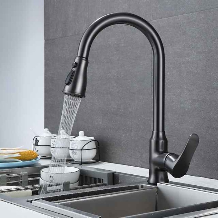 Kitchen Faucet with Pull-out Spray,Single Handle One Hole Brass High Arc 3-Modes Minimalist Style Kitchen Taps(Gun Grey/Black/Chrome)