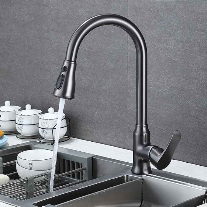 Kitchen Faucet with Pull-out Spray,Single Handle One Hole Brass High Arc 3-Modes Minimalist Style Kitchen Taps(Gun Grey/Black/Chrome)