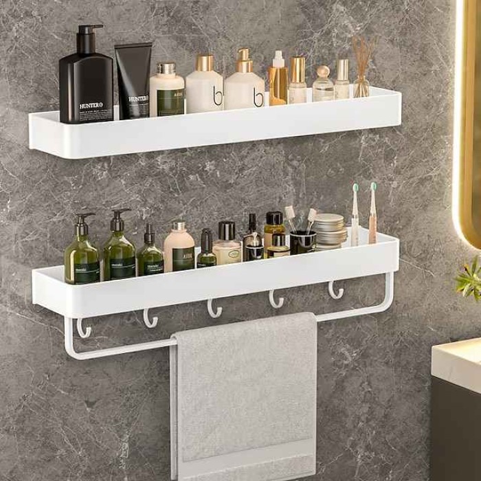 Bathroom Shelves Wall Mounted White Storage Organizer Rack Bathroom Kitchen Bathroom Hardware Pendant Bathroom Shelf Space Aluminum Shower Rack Corner Shelf Square Bath Shower Shelf