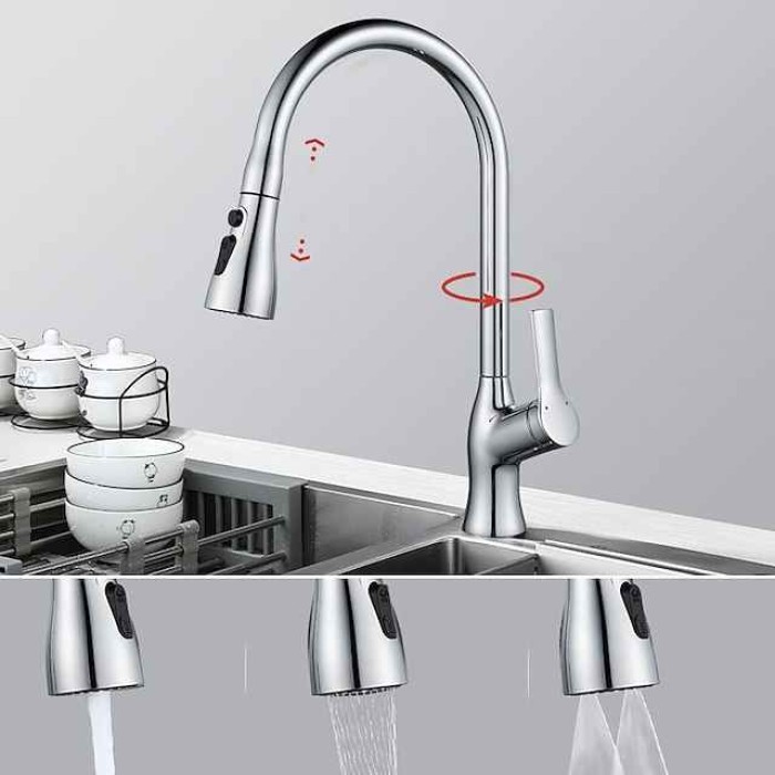 Kitchen Faucet with Pull-out Spray,Single Handle One Hole Rotatable Electroplated Pull-out / Pull-down / Standard Spout / Tall / High Arc Centerset Modern Contemporary Style Kitchen Taps