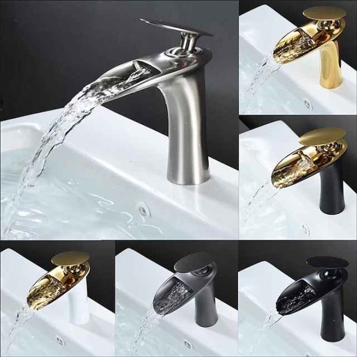 Waterfall Bathroom Sink Mixer Faucet, Mono Wash Basin Single Handle Basin Taps with Hot and Cold Hose Monobloc Vessel Water Brass Tap Deck Mounted