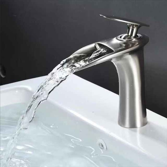 Waterfall Bathroom Sink Mixer Faucet, Mono Wash Basin Single Handle Basin Taps with Hot and Cold Hose Monobloc Vessel Water Brass Tap Deck Mounted