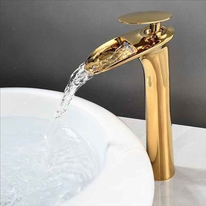 Waterfall Bathroom Sink Mixer Faucet Tall, Mono Wash Basin Single Handle Taps Deck Mounted, Washroom with Hot and Cold Hose Monobloc Vessel Water Brass Tap