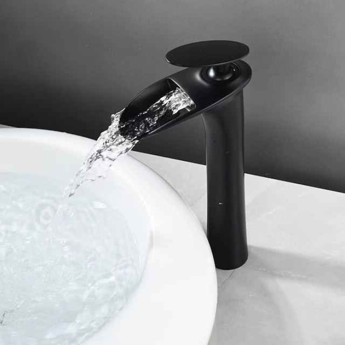 Waterfall Bathroom Sink Mixer Faucet Tall, Mono Wash Basin Single Handle Taps Deck Mounted, Washroom with Hot and Cold Hose Monobloc Vessel Water Brass Tap