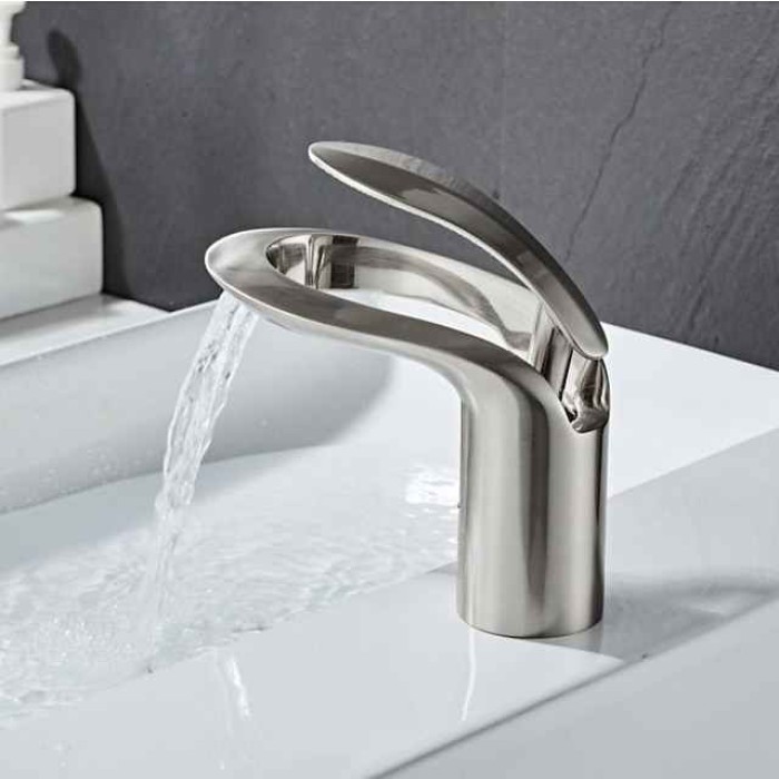 Bathroom Sink Mixer Faucet, Brass Matte Black Waterfall Widespread Single Handle One Hole Vessel Basin Tap with Hot and Cold Switch Chrome White