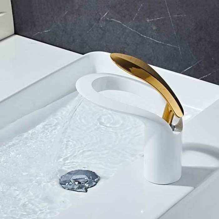 Bathroom Sink Mixer Faucet, Brass Matte Black Waterfall Widespread Single Handle One Hole Vessel Basin Tap with Hot and Cold Switch Chrome White