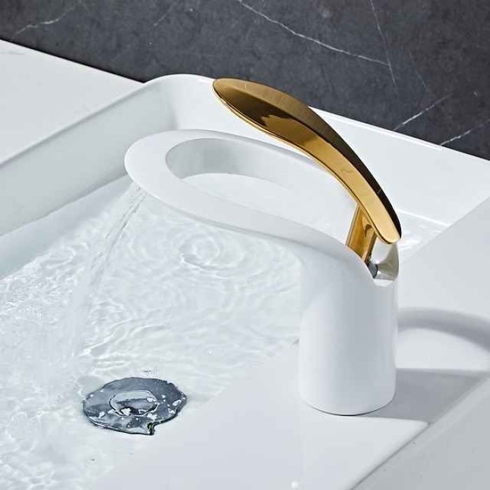 Bathroom Sink Mixer Faucet, Brass Matte Black Waterfall Widespread Single Handle One Hole Vessel Basin Tap with Hot and Cold Switch Chrome White